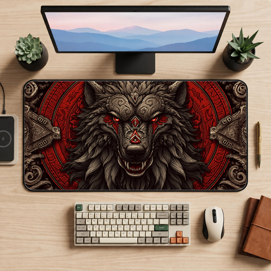 Red Norse Dire Wolf Desk Mat — product mockup 2