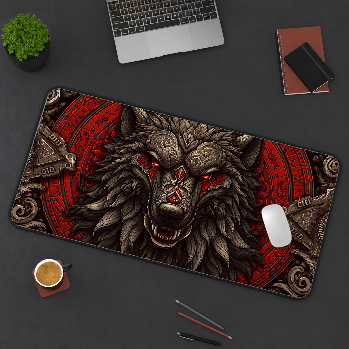 Red Norse Dire Wolf Desk Mat — product mockup 3