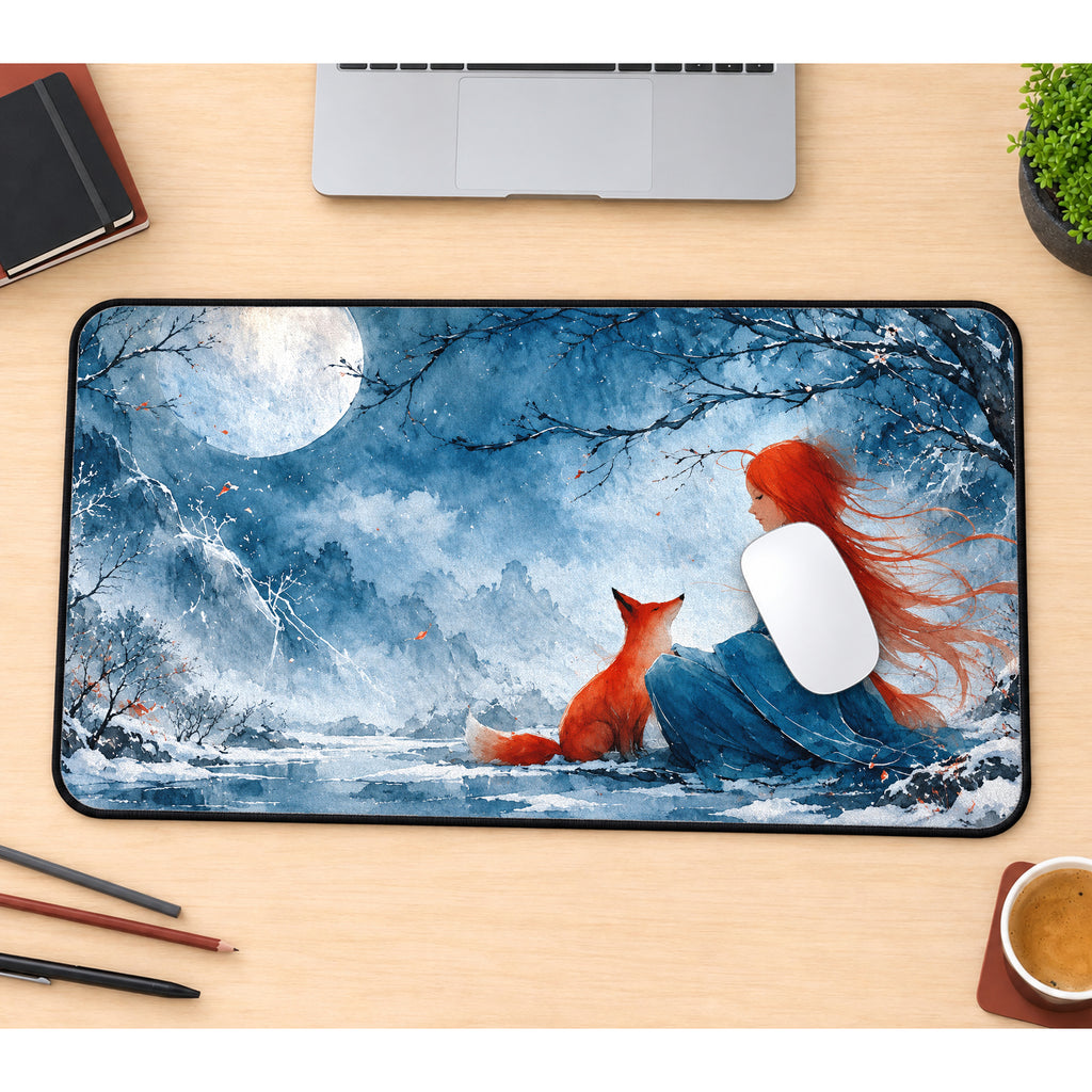 Girl and Red Fox Under the Moon Desk Mat — product mockup 1
