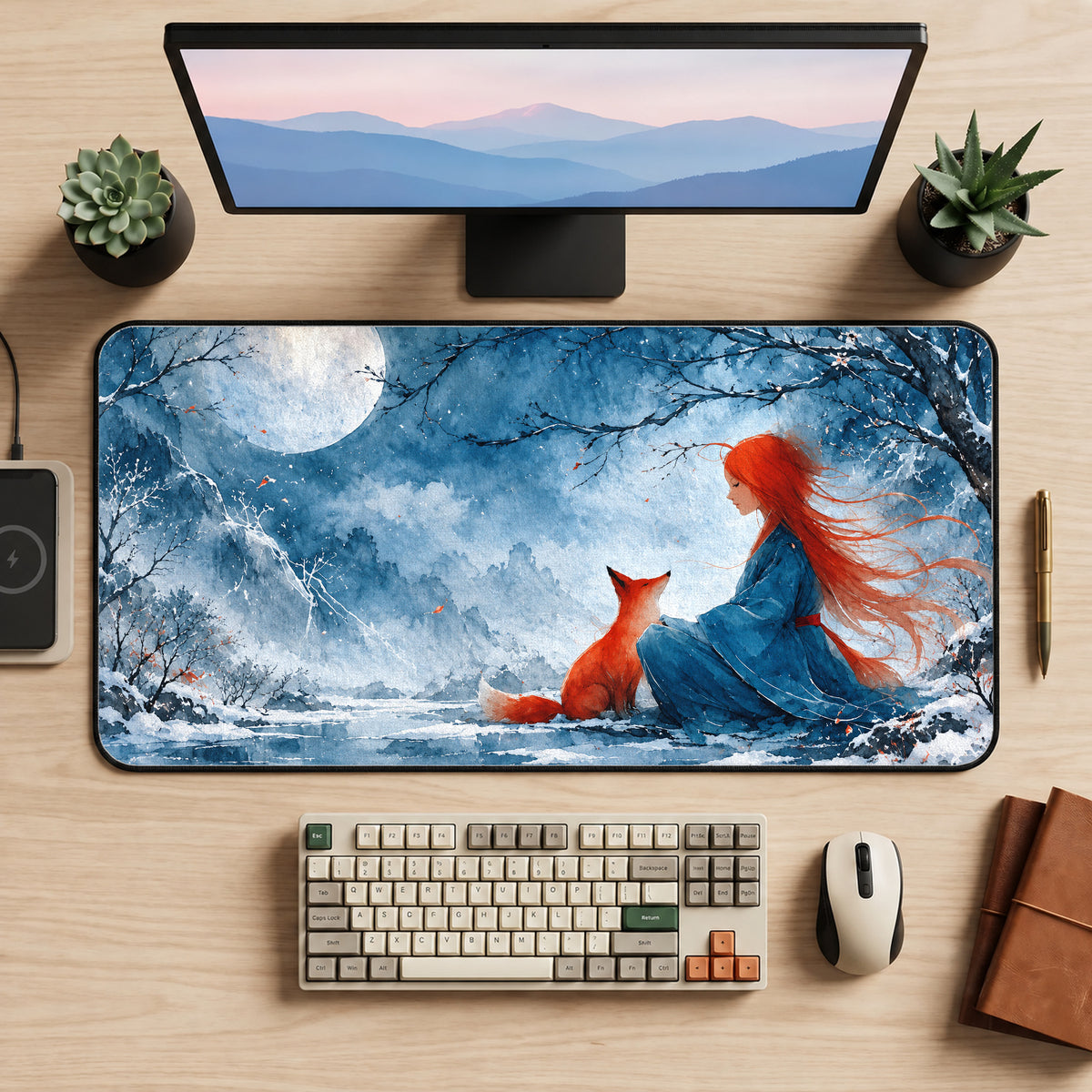 Girl and Red Fox Under the Moon Desk Mat — product mockup 2