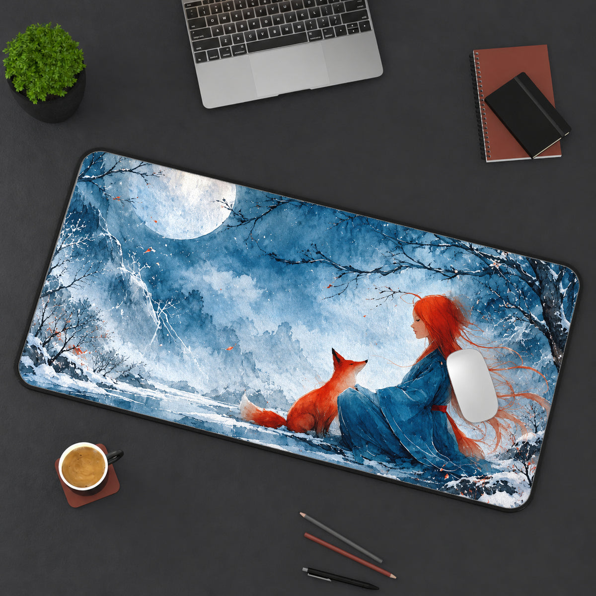 Girl and Red Fox Under the Moon Desk Mat — product mockup 3
