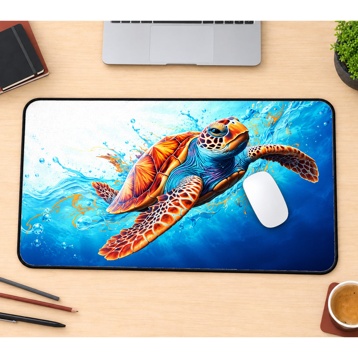 Sea Turtle in Blue Water Desk Mat — product mockup 1