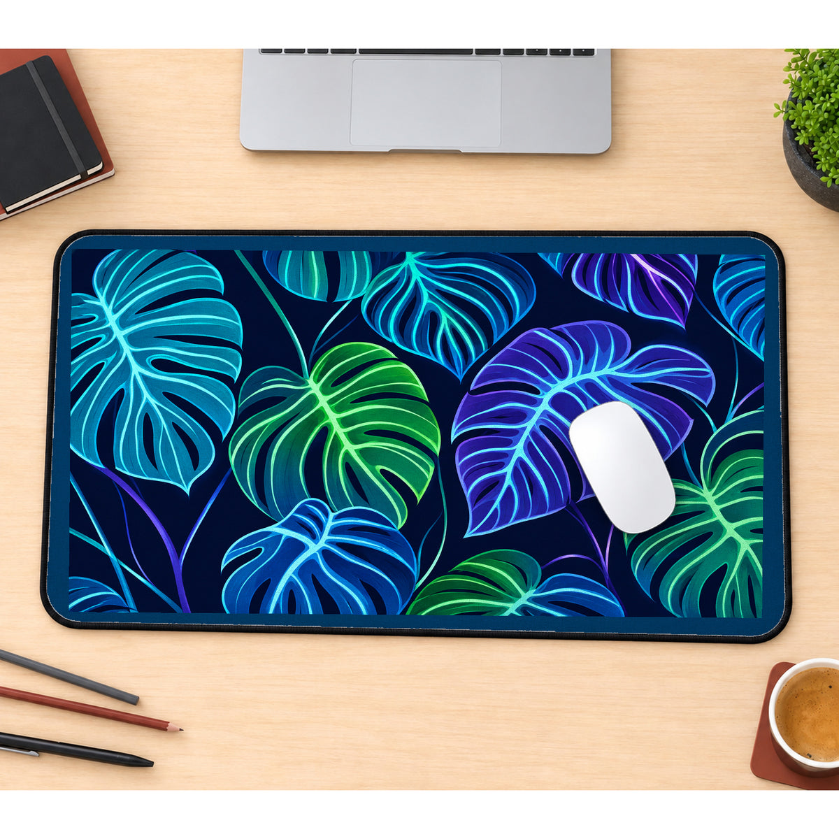 Neon Monstera Leaves desk mat — product mockup 1