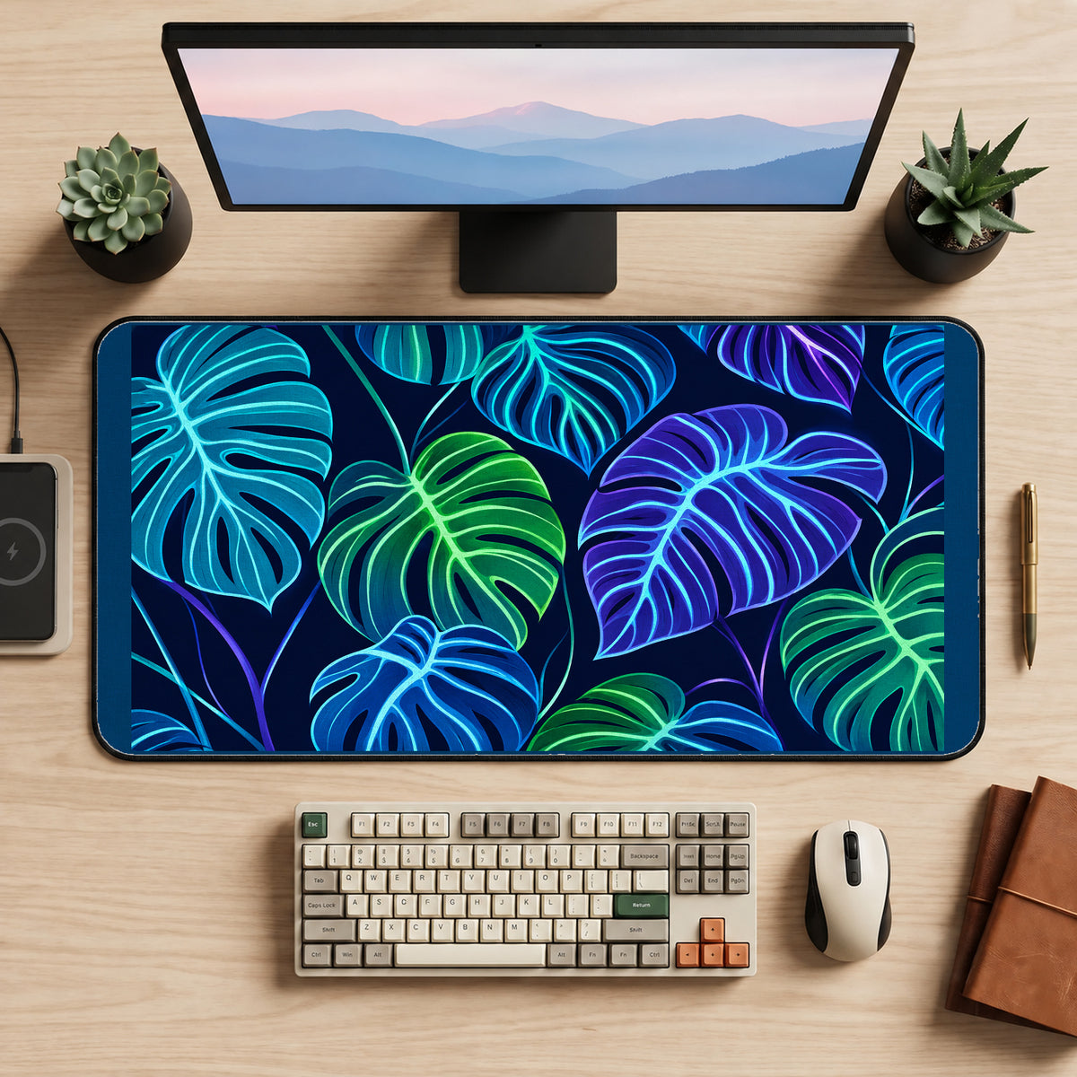 Neon Monstera Leaves desk mat — product mockup 2