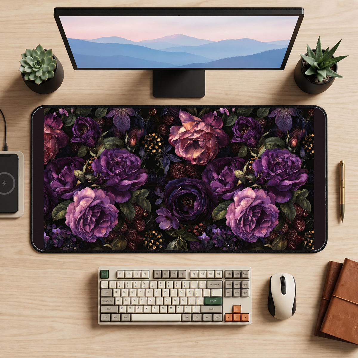 Dark Purple Peonies desk mat — product mockup 2
