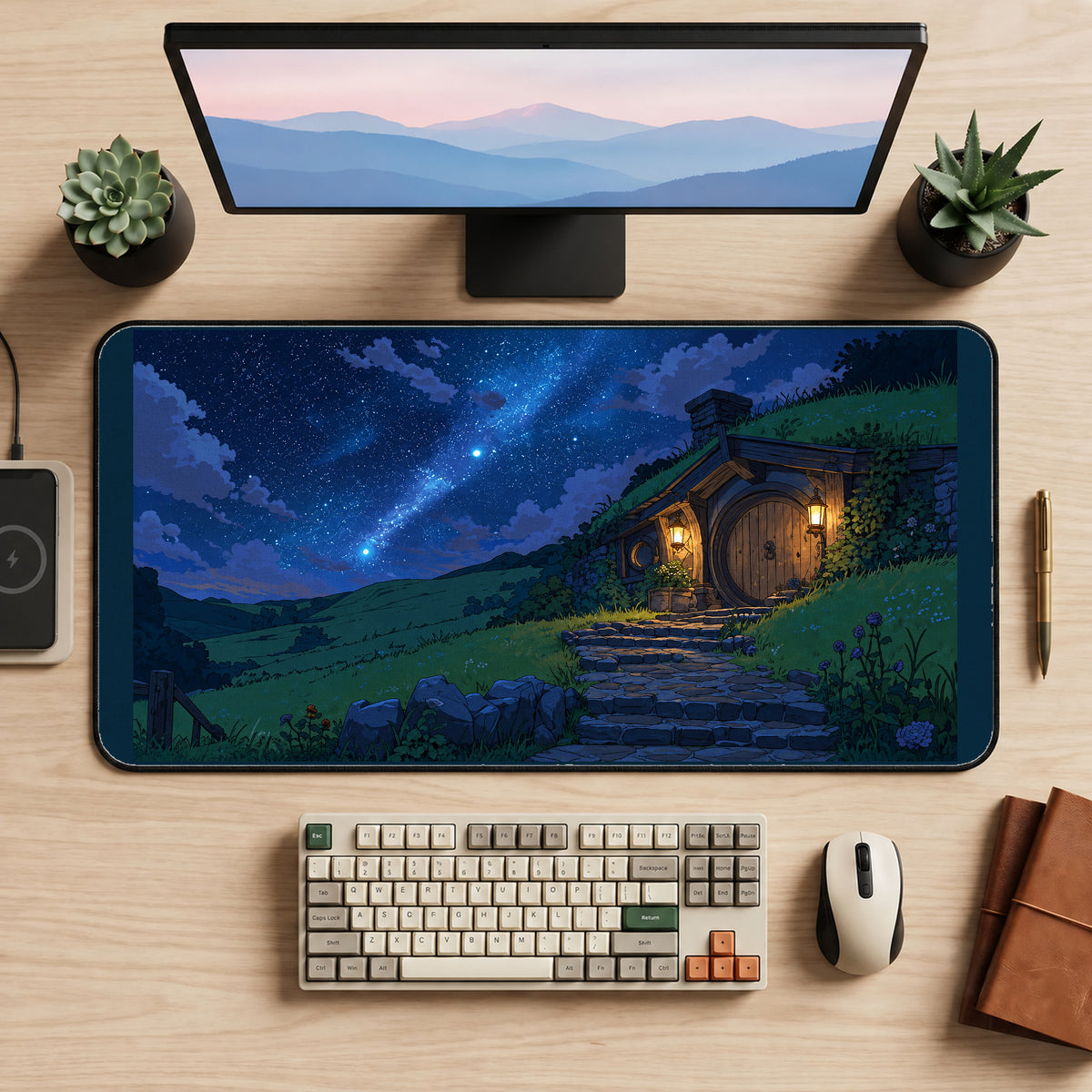 Starry Hillside Cottage desk mat — product mockup 2
