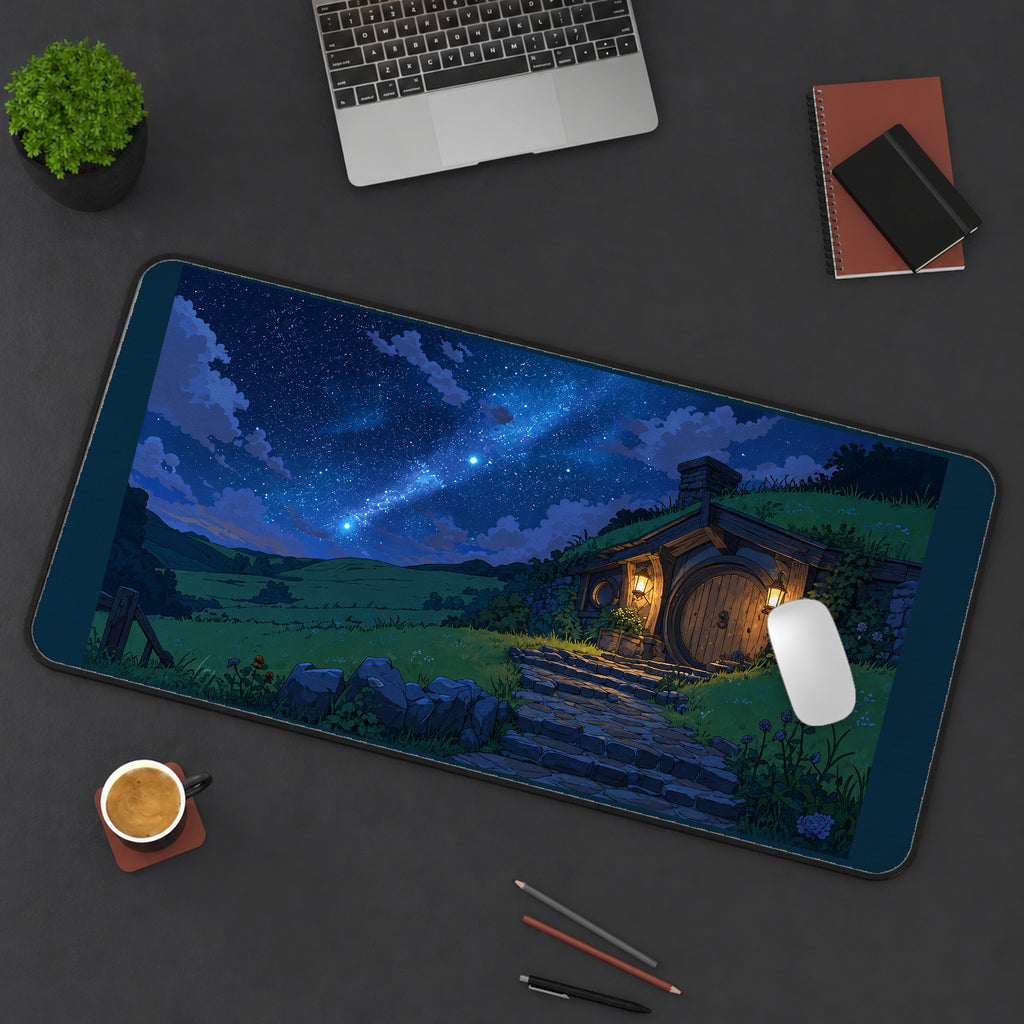 Starry Hillside Cottage desk mat — product mockup 3