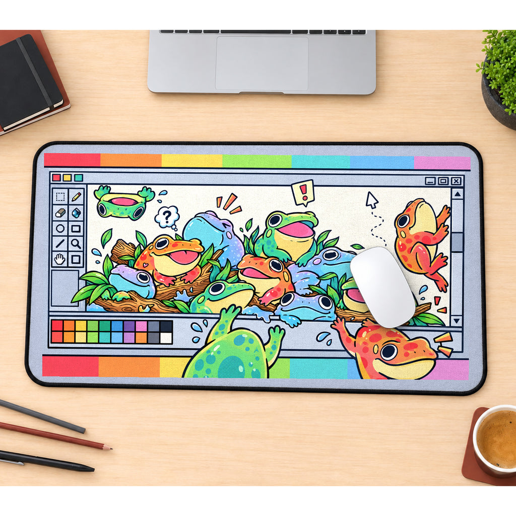 Cartoon Frogs in a Paint Window desk mat — product mockup 1