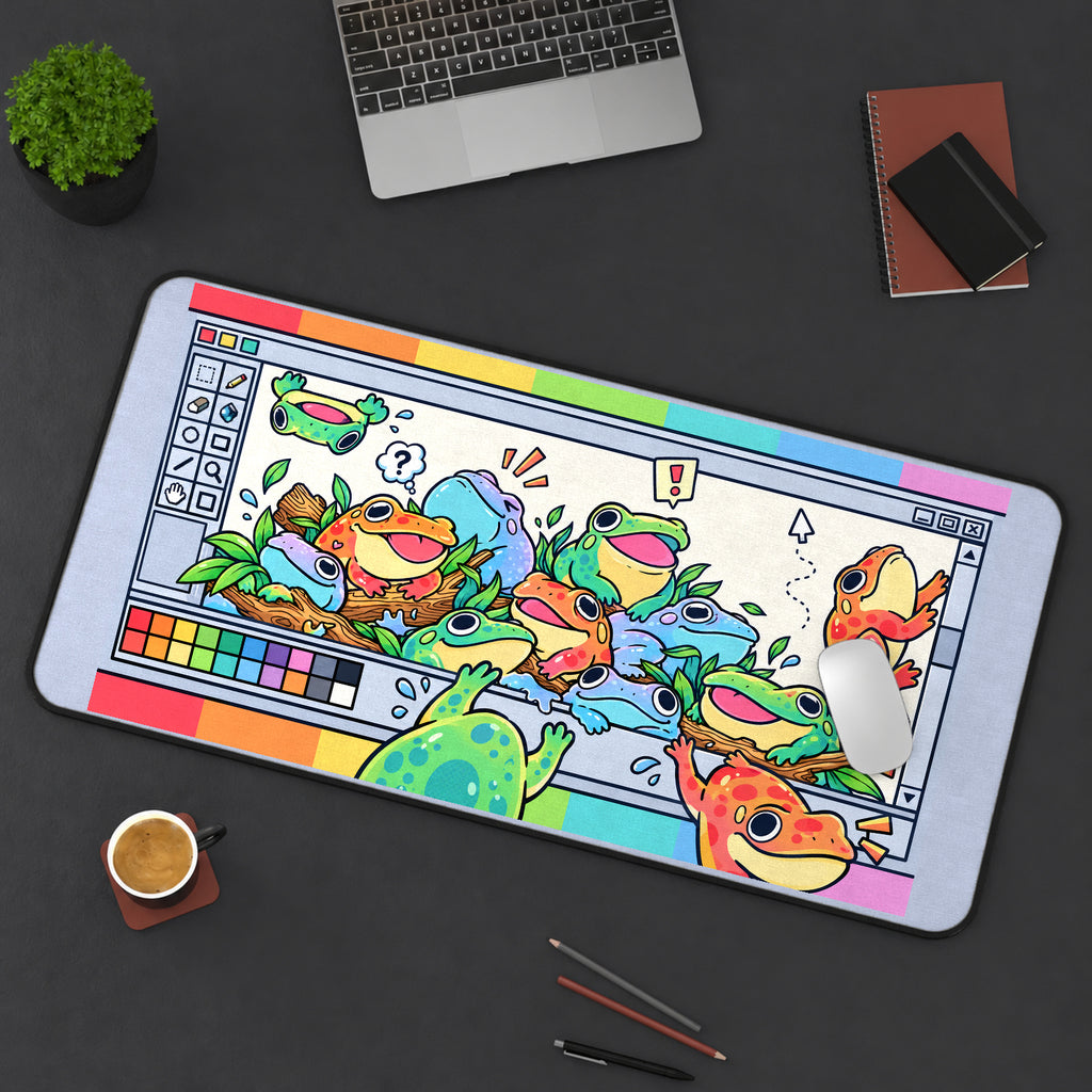 Cartoon Frogs in a Paint Window desk mat — product mockup 3