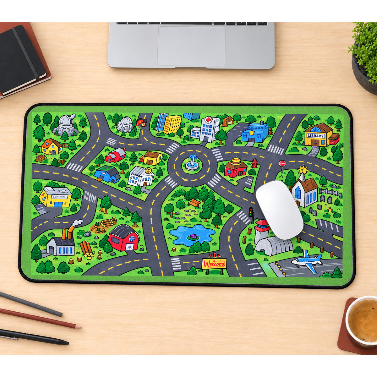 Colorful Town Road Map desk mat — product mockup 1
