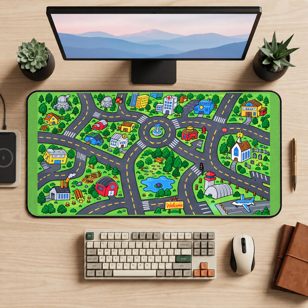 Colorful Town Road Map desk mat — product mockup 2