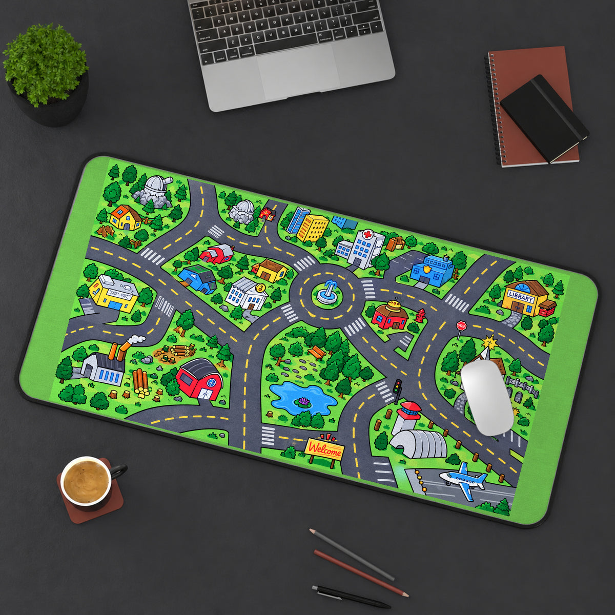 Colorful Town Road Map desk mat — product mockup 3