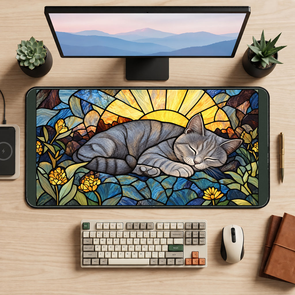 Sleeping Tabby Stained Glass desk mat — product mockup 2