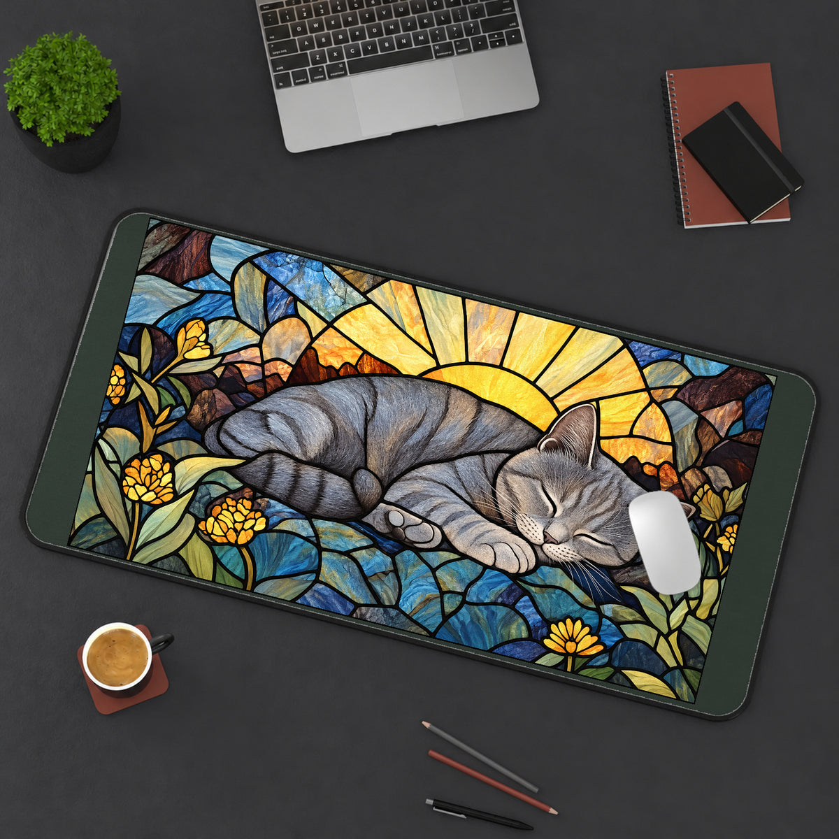 Sleeping Tabby Stained Glass desk mat — product mockup 3