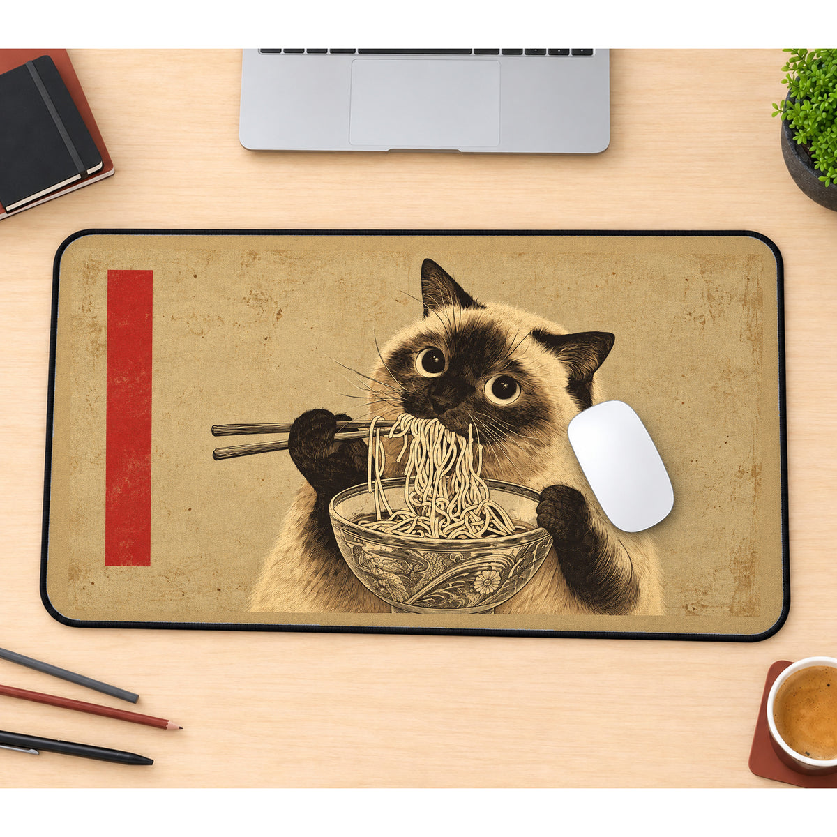 Siamese Cat Ramen Bowl desk mat — product mockup 1