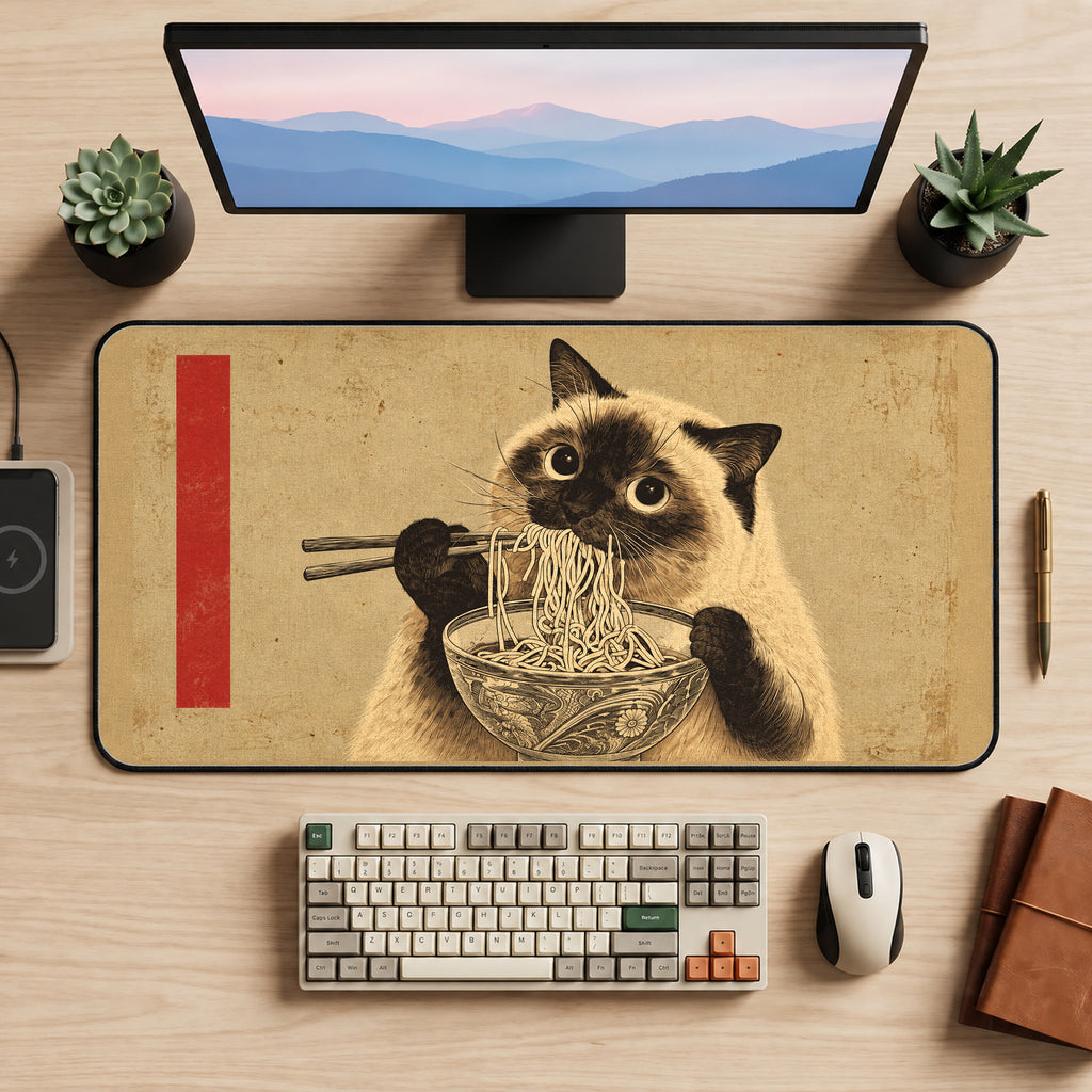 Siamese Cat Ramen Bowl desk mat — product mockup 2