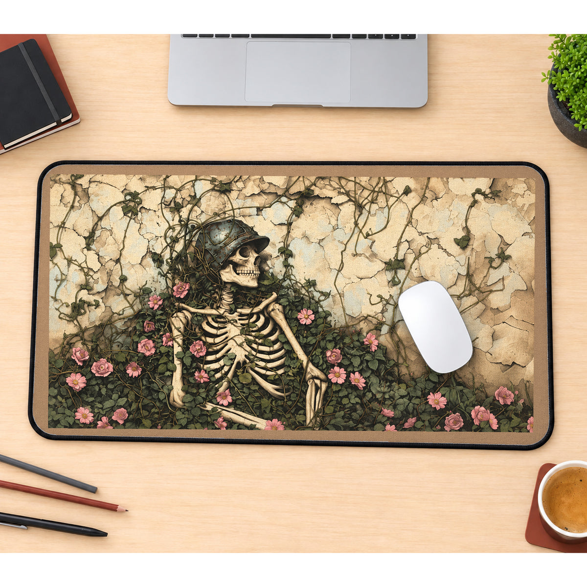 Skeleton Among Rose Vines desk mat — product mockup 1