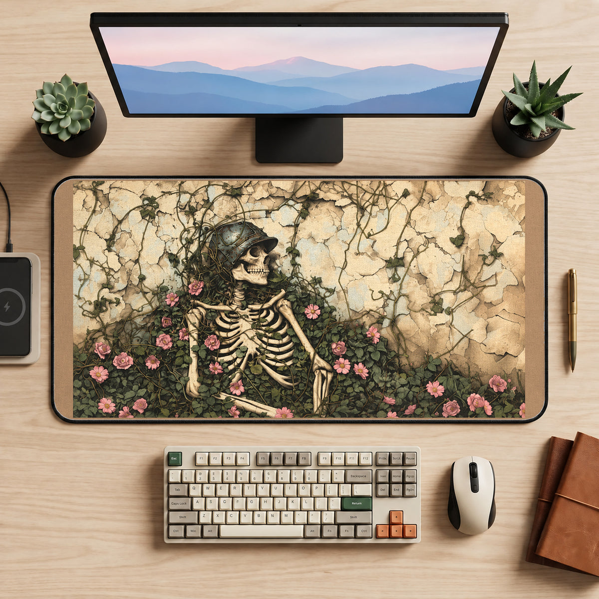 Skeleton Among Rose Vines desk mat — product mockup 2
