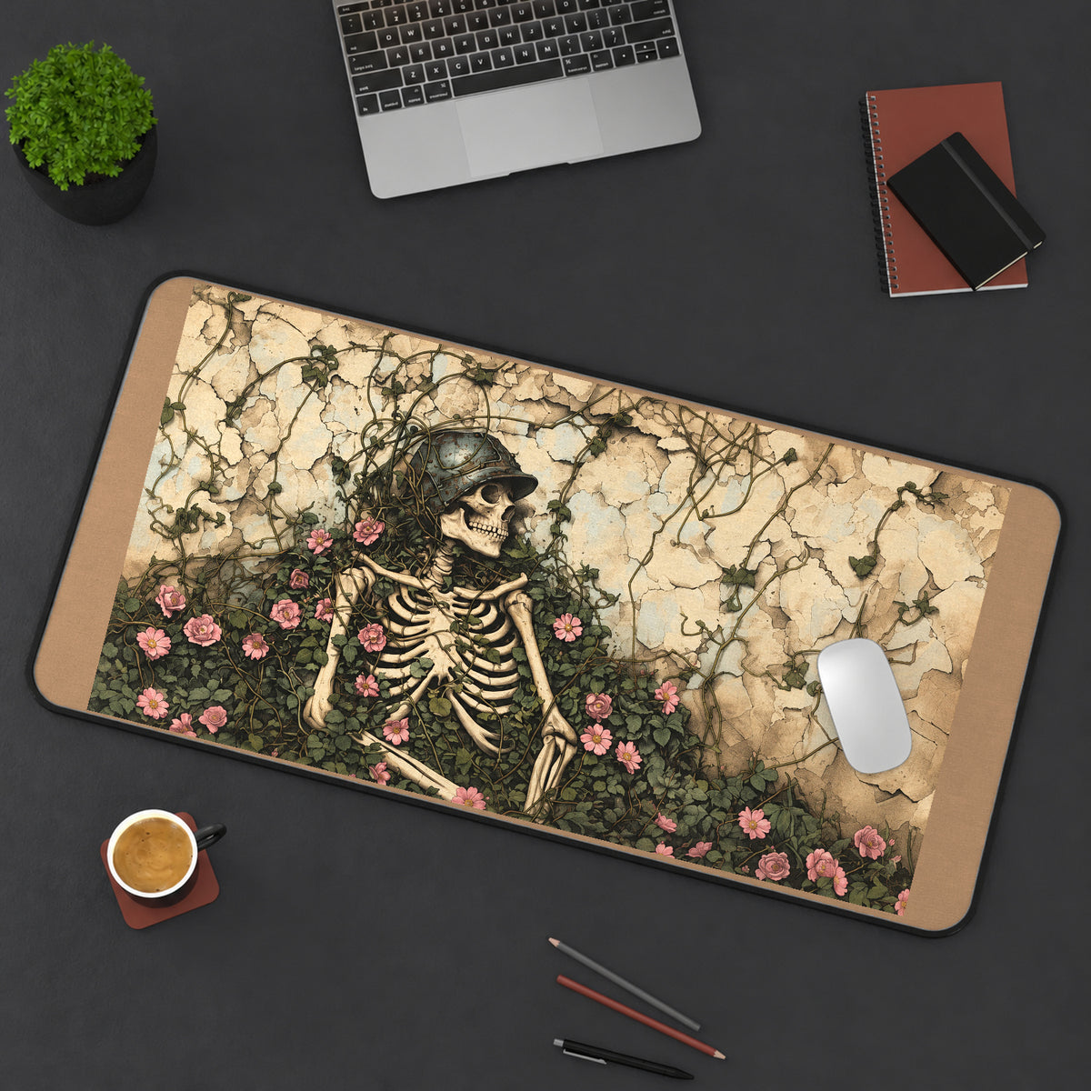 Skeleton Among Rose Vines desk mat — product mockup 3
