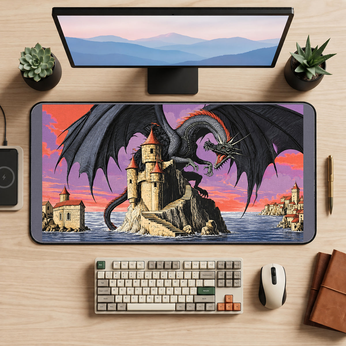 Black Dragon Coastal Castle desk mat — product mockup 2