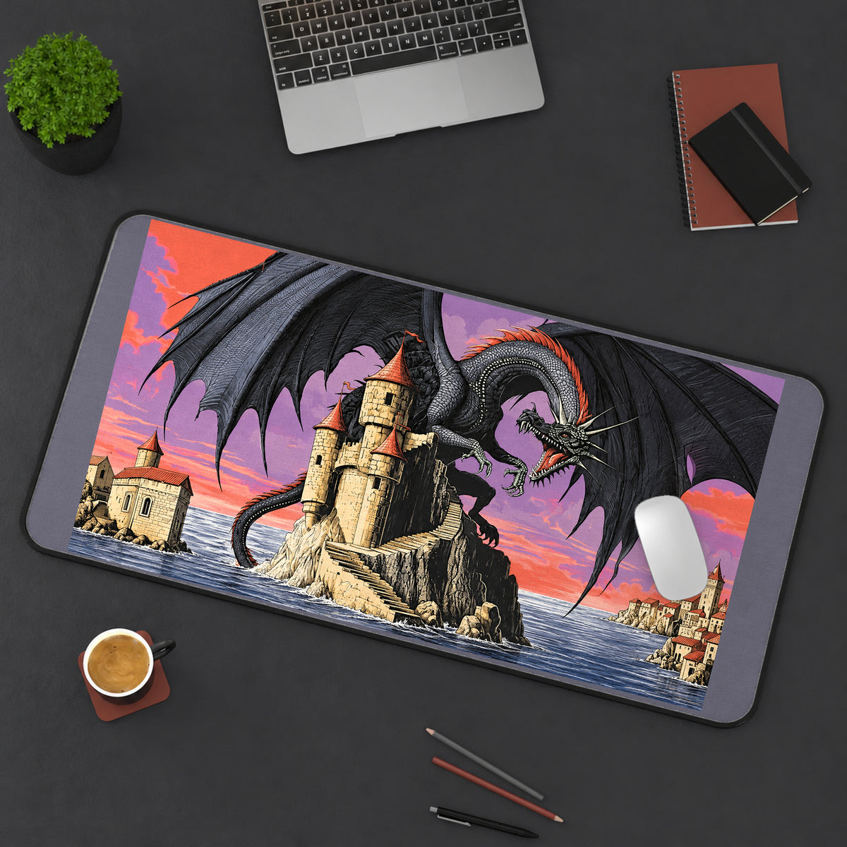 Black Dragon Coastal Castle desk mat — product mockup 3