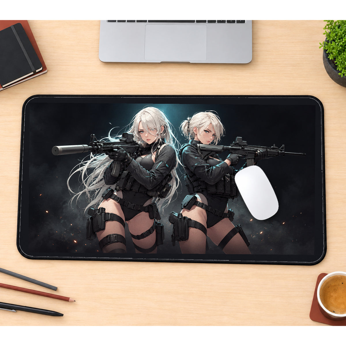 White Haired Anime Operatives desk mat — product mockup 1