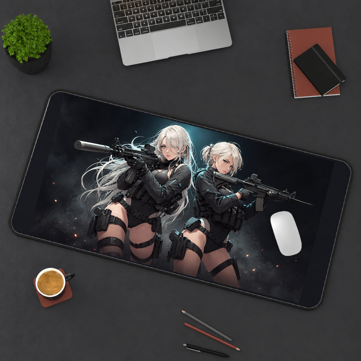 White Haired Anime Operatives desk mat — product mockup 3