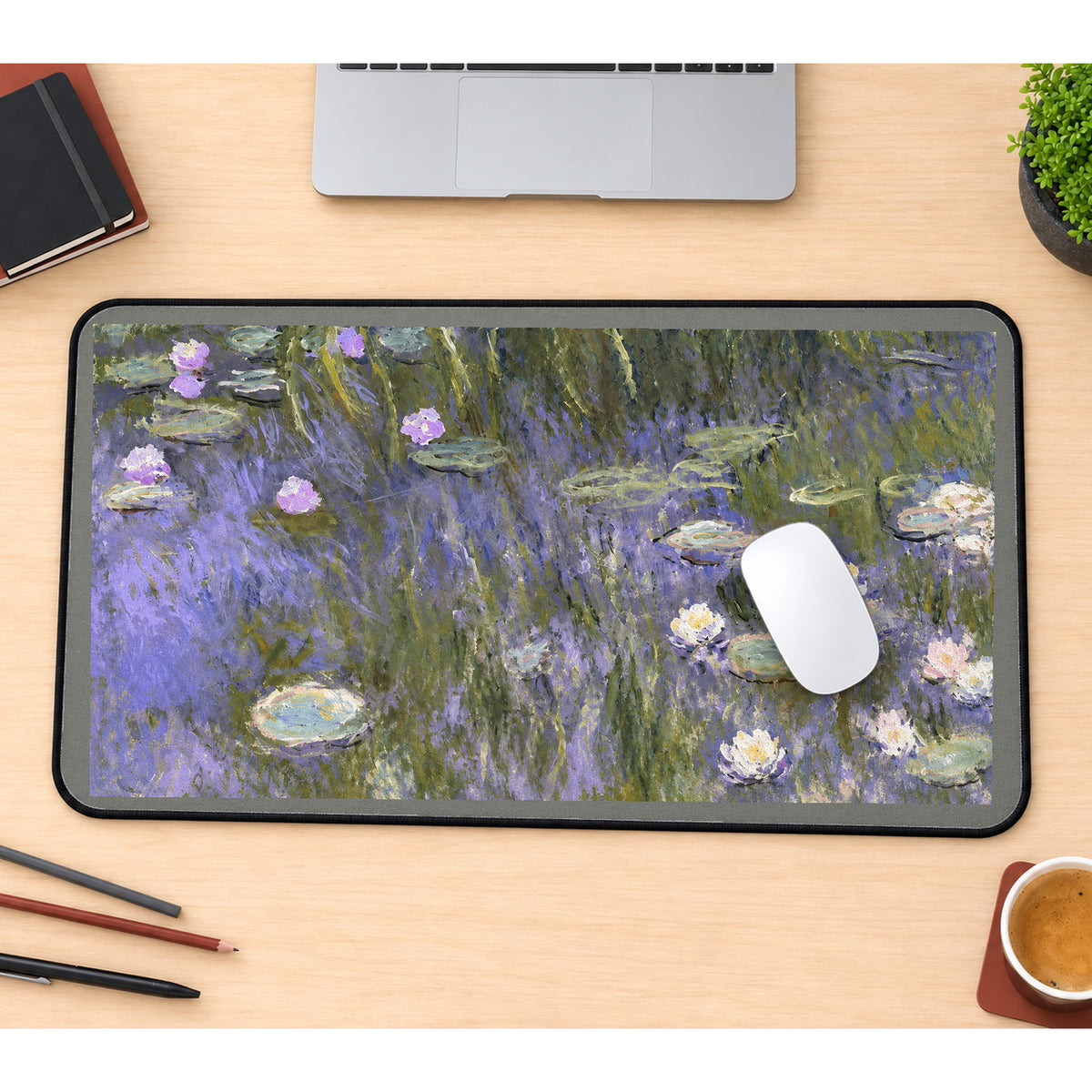 Water Lilies and Willow Reflections desk mat — product mockup 1