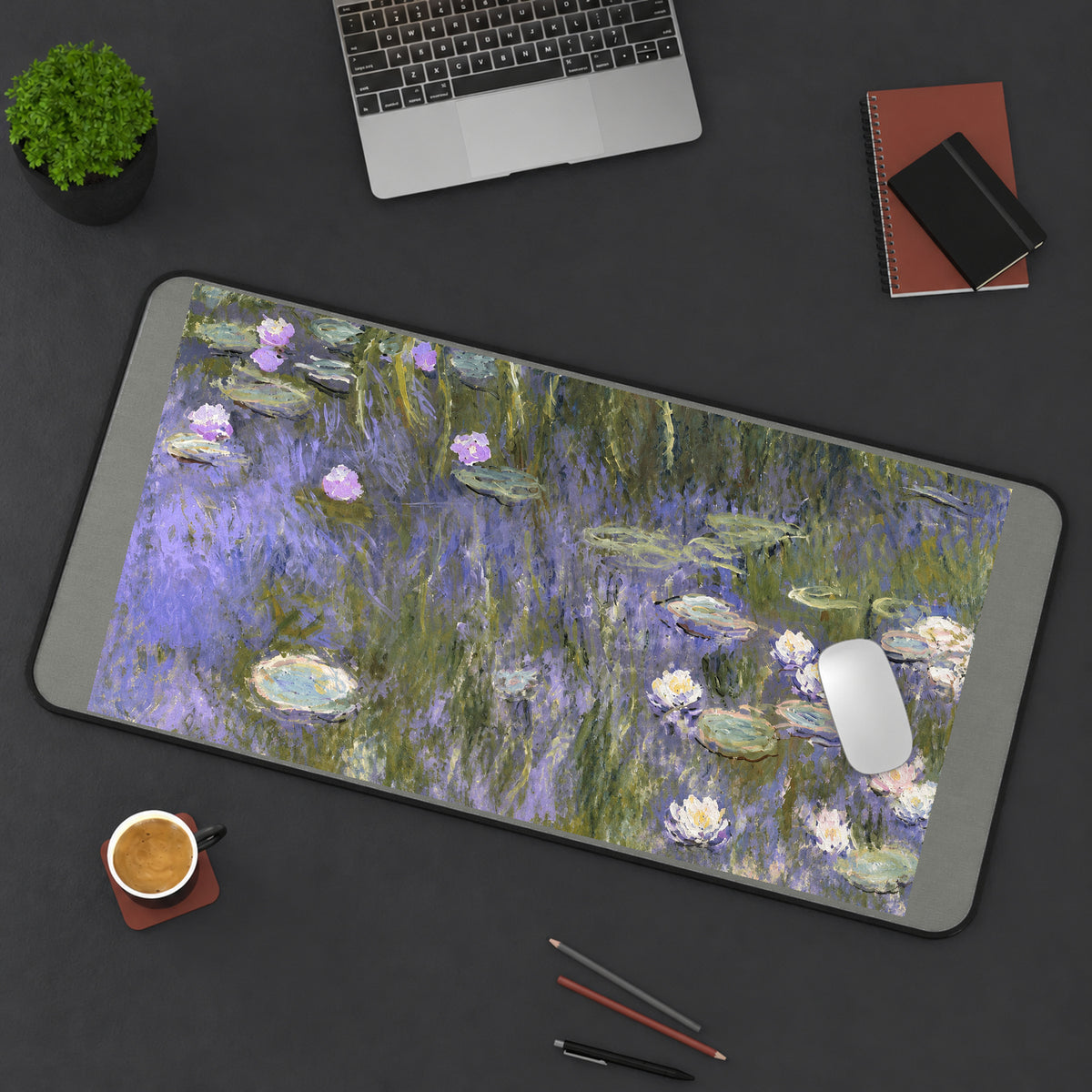 Water Lilies and Willow Reflections desk mat — product mockup 3