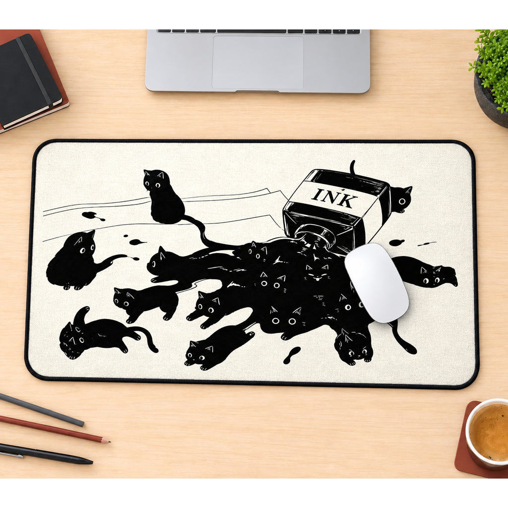 Black Cats and Spilled Ink desk mat — product mockup 1