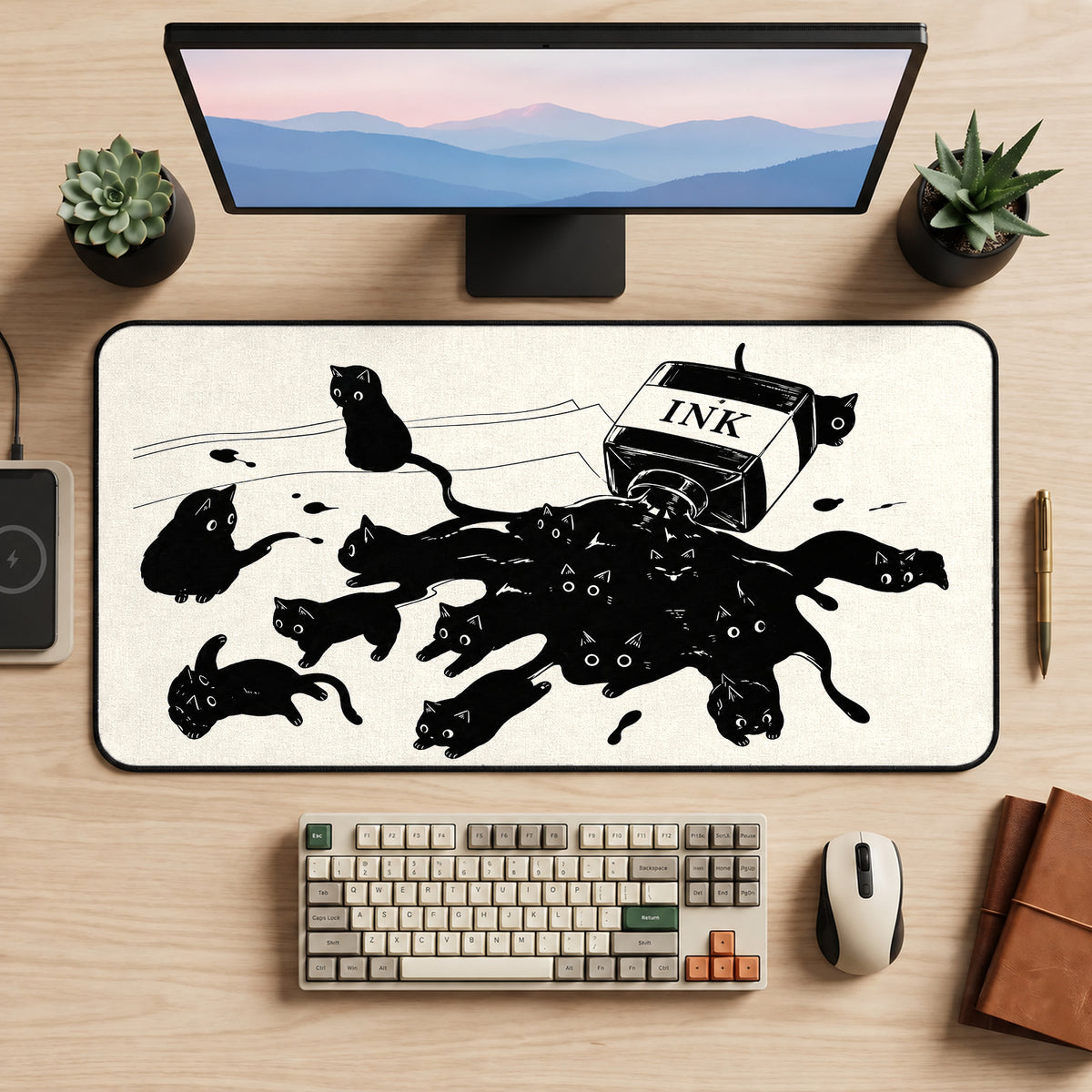 Black Cats and Spilled Ink desk mat — product mockup 2