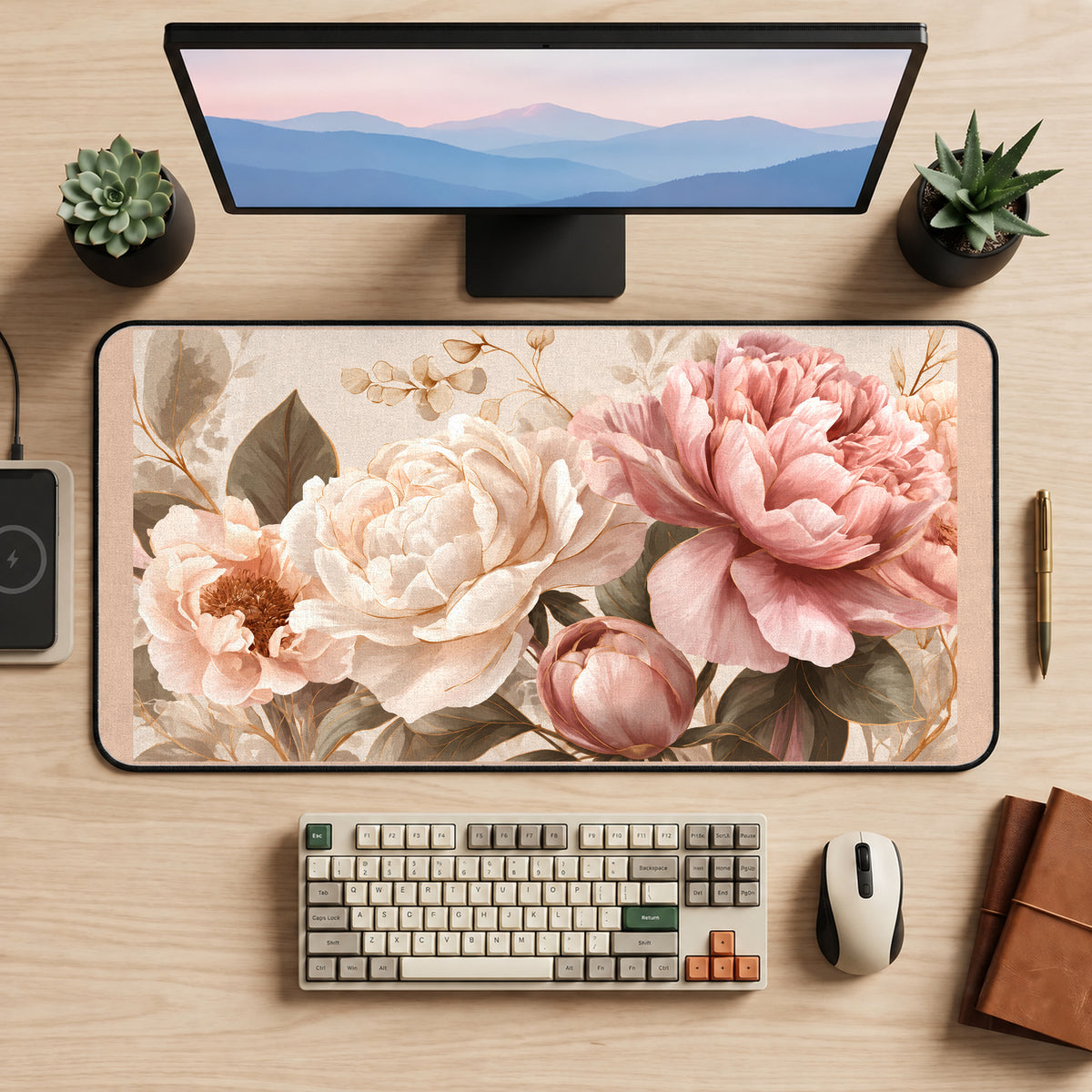 Blush Peony Botanical desk mat — product mockup 2