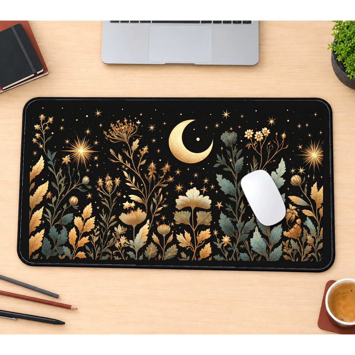 Gold Moon and Wildflowers desk mat — product mockup 1