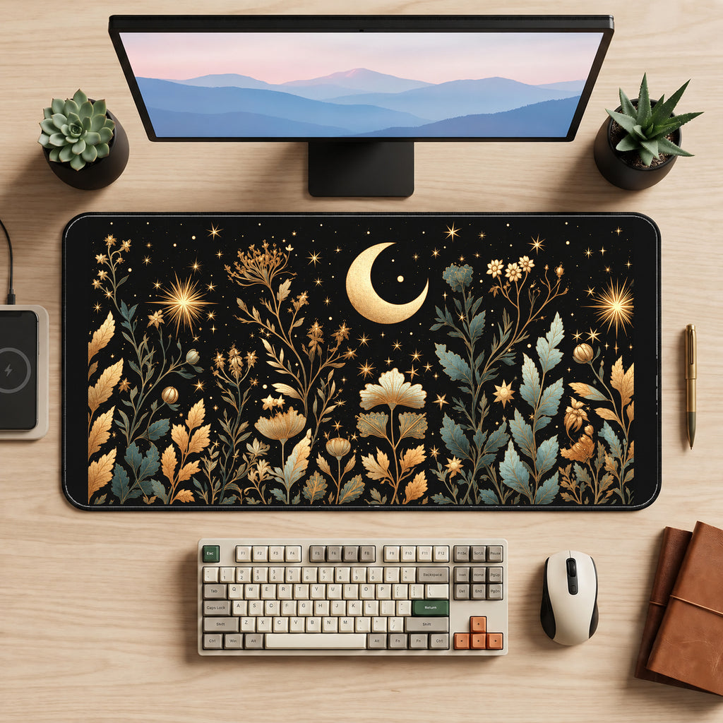 Gold Moon and Wildflowers desk mat — product mockup 2