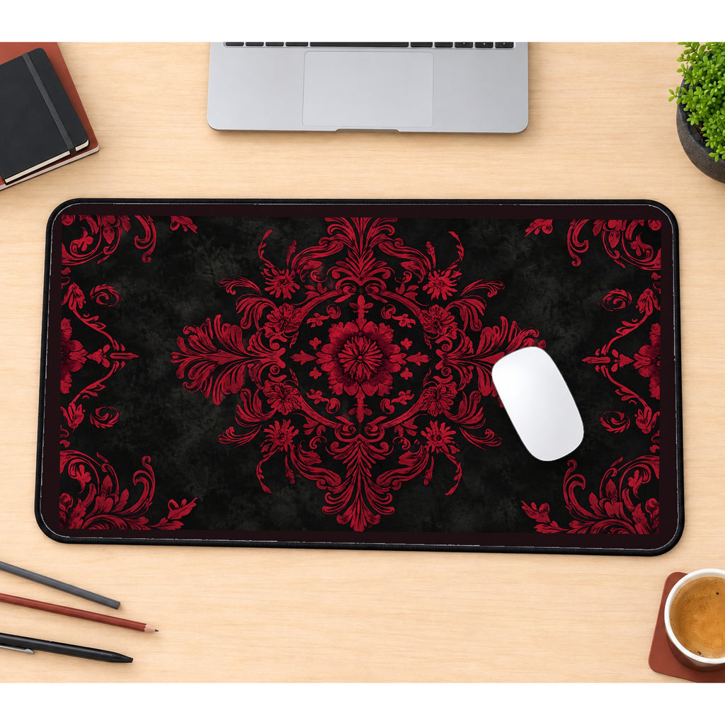 Red Victorian Damask desk mat — product mockup 1