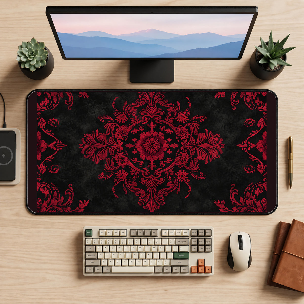 Red Victorian Damask desk mat — product mockup 2
