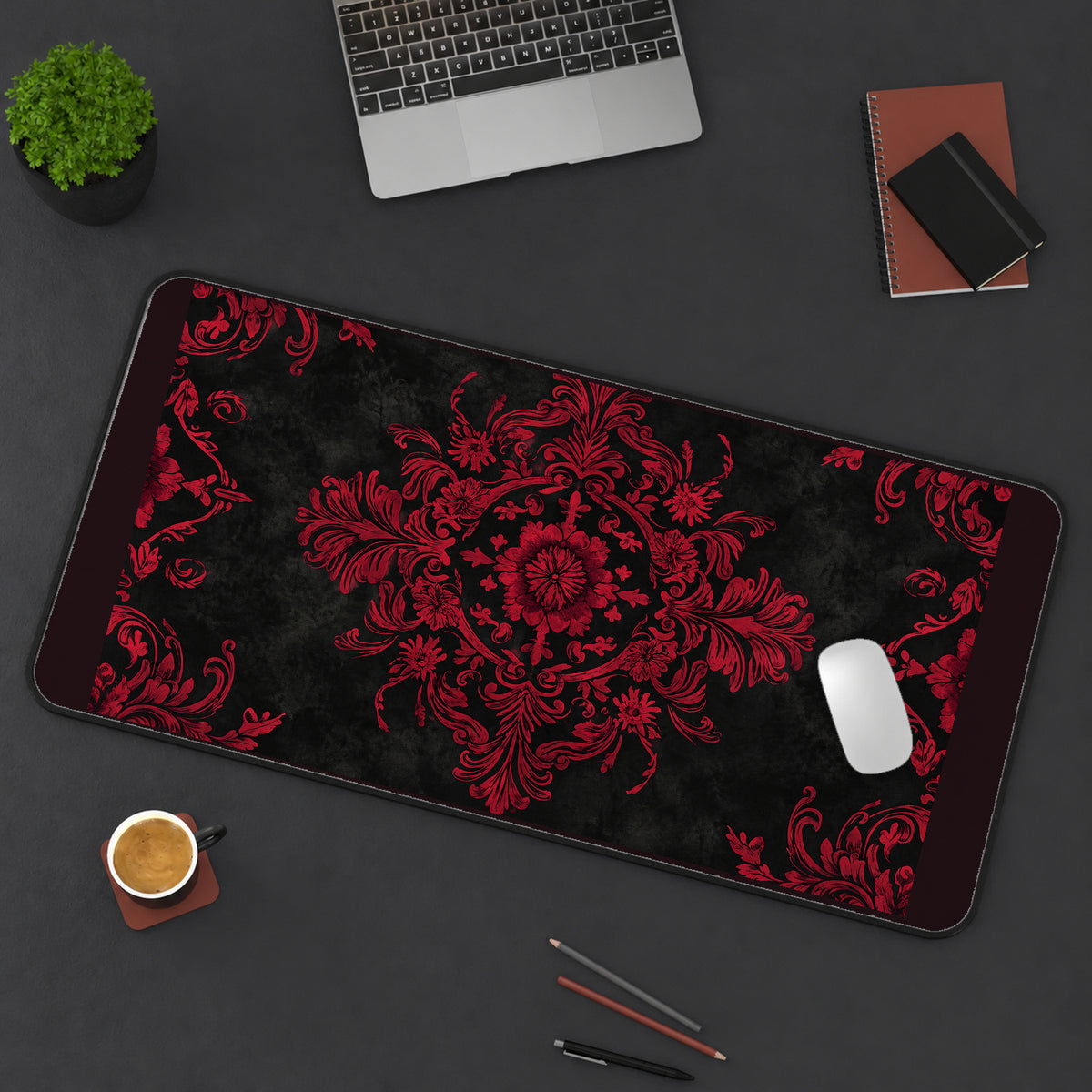 Red Victorian Damask desk mat — product mockup 3