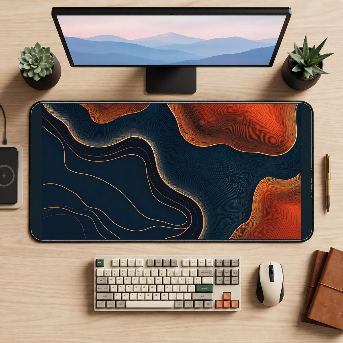Navy and Burnt Orange Contours desk mat — product mockup 2