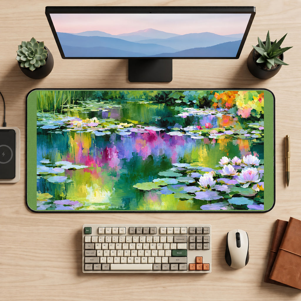 Colorful Water Lily Reflections desk mat — product mockup 2