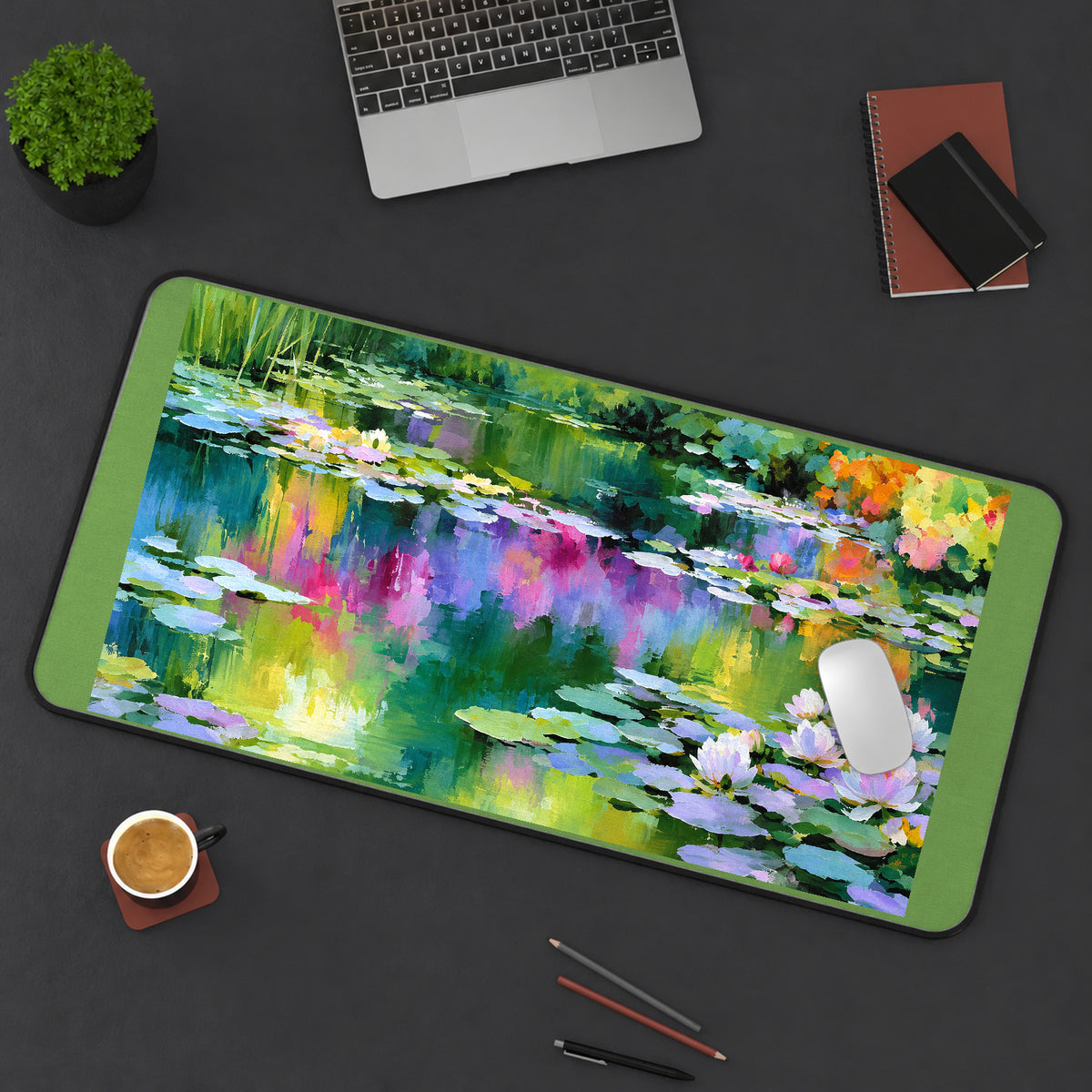 Colorful Water Lily Reflections desk mat — product mockup 3