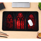 Red Gothic Cathedral Windows desk mat — product mockup 1