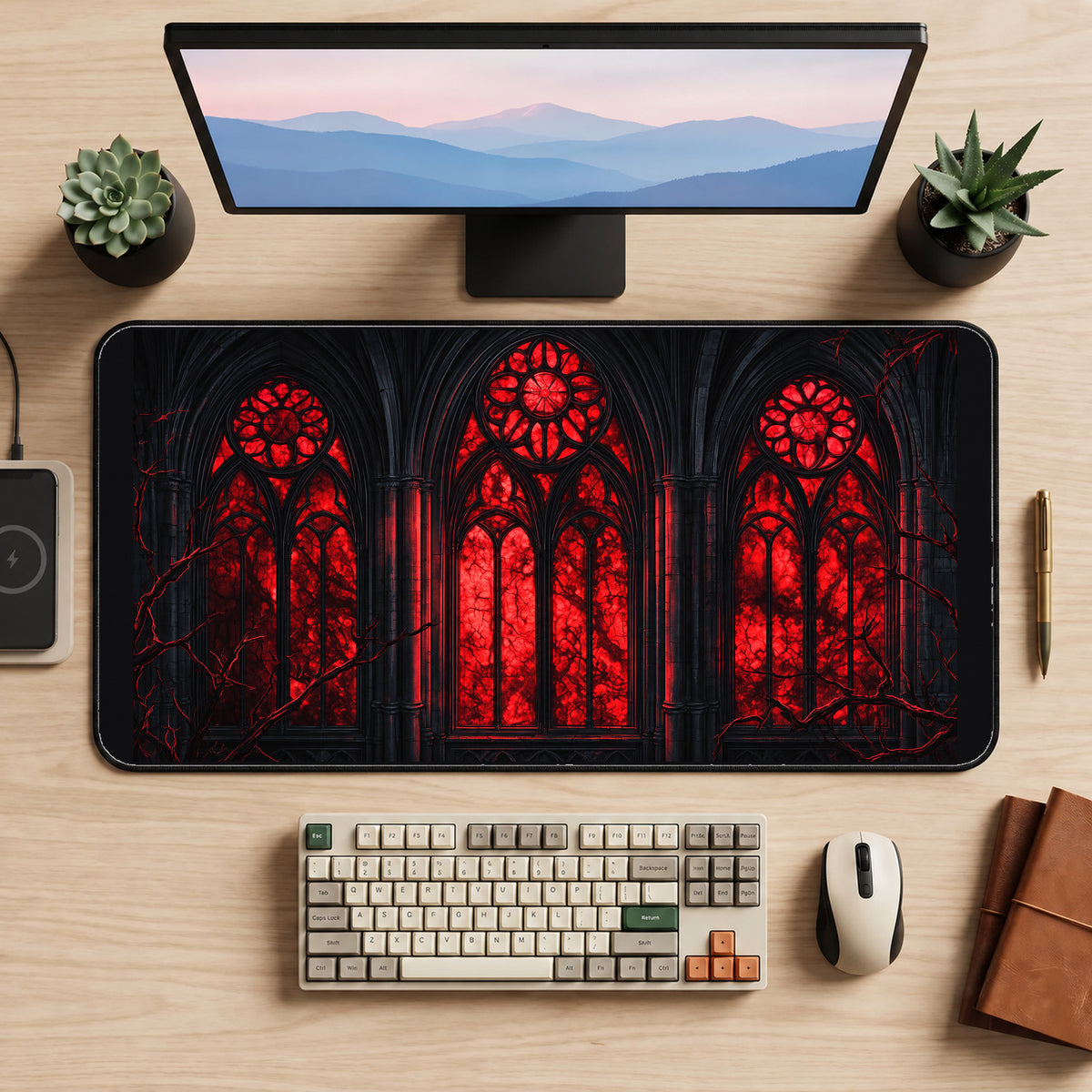 Red Gothic Cathedral Windows desk mat — product mockup 2