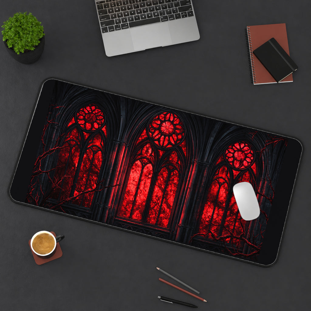 Red Gothic Cathedral Windows desk mat — product mockup 3