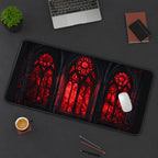 Red Gothic Cathedral Windows desk mat — product mockup 3