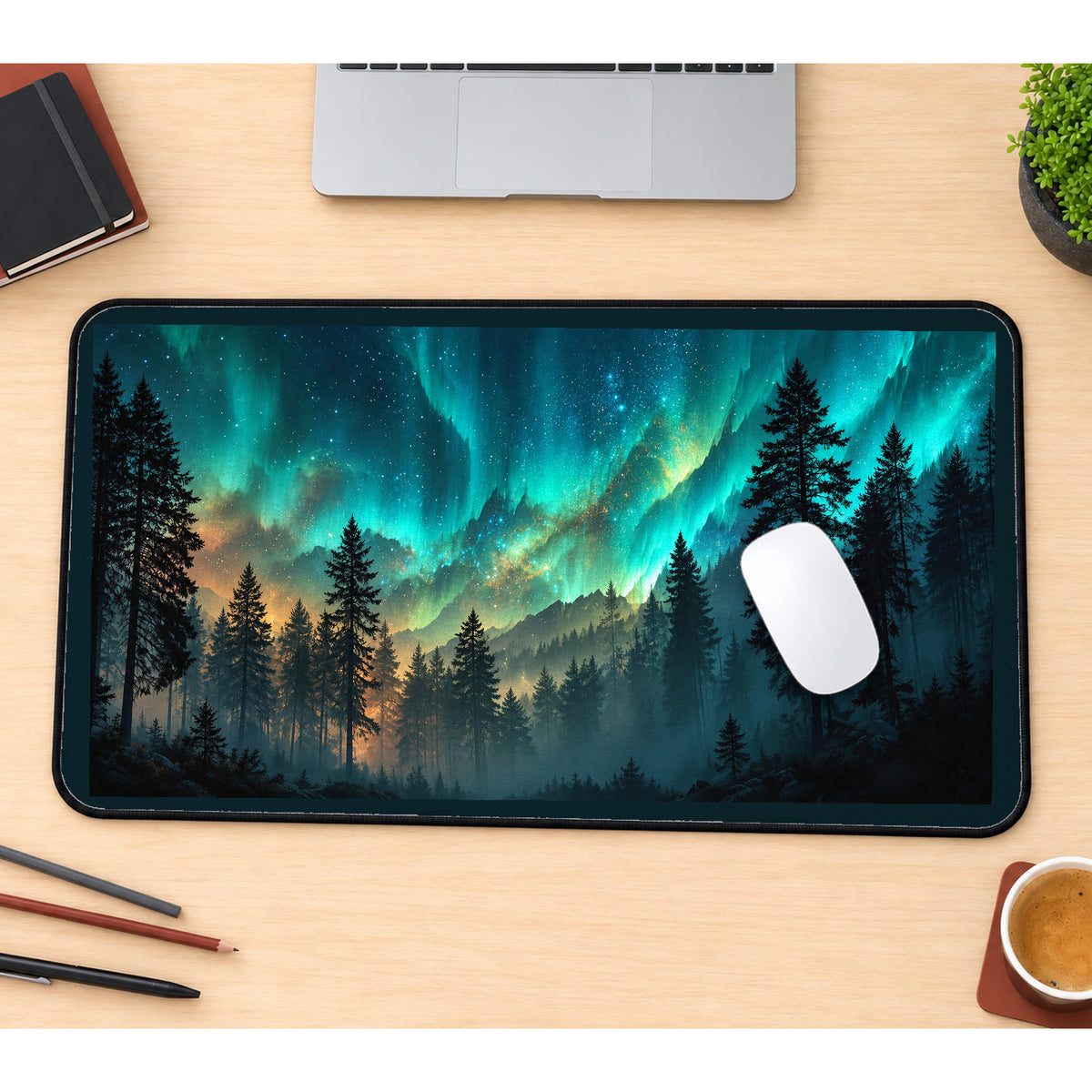 Northern Lights Forest desk mat — product mockup 1