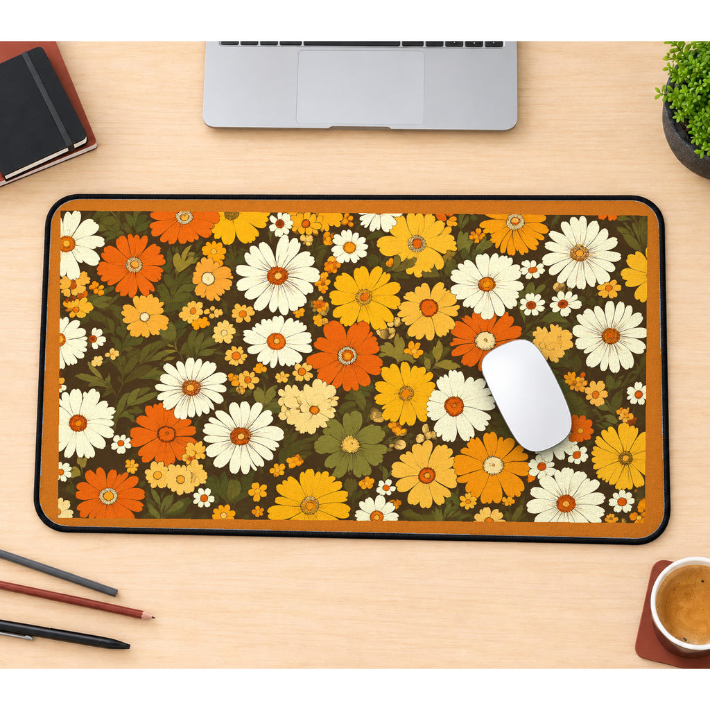 Orange and Cream Retro Daisies desk mat — product mockup 1