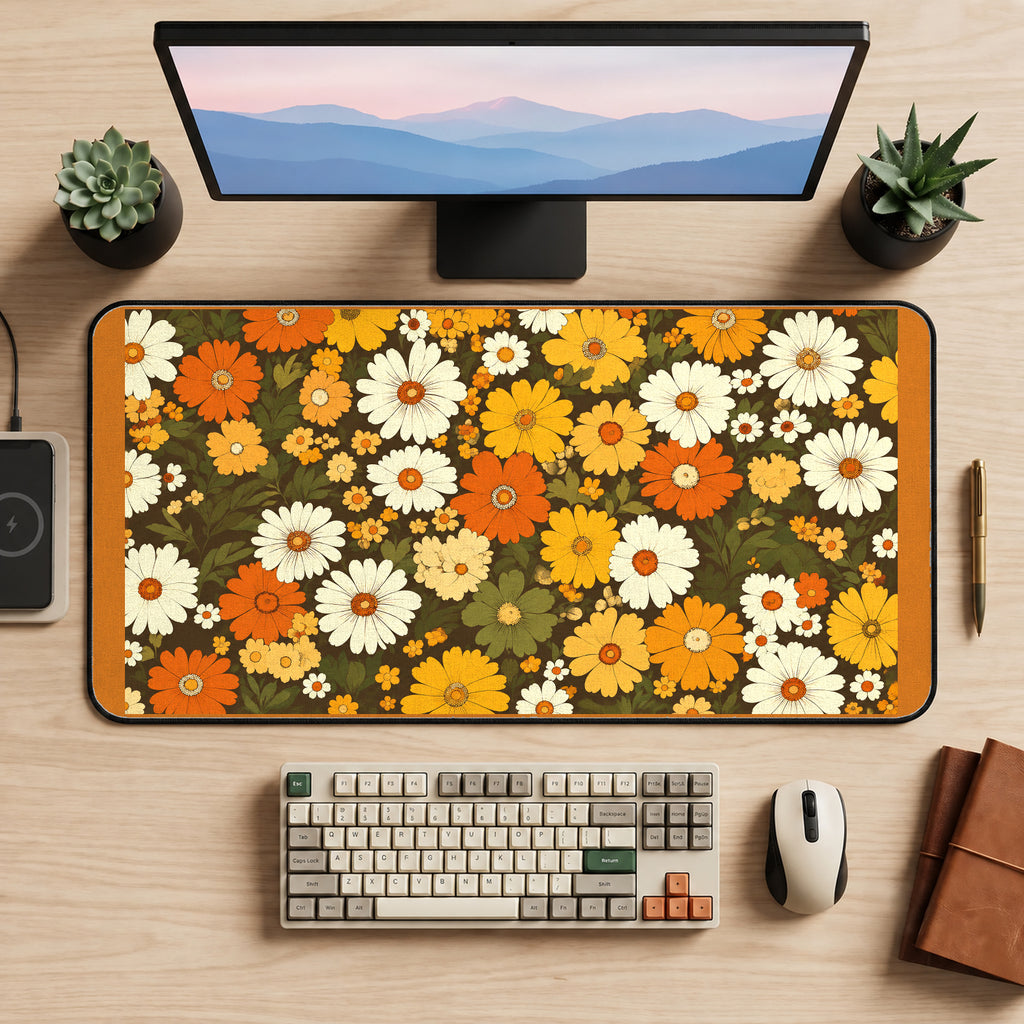 Orange and Cream Retro Daisies desk mat — product mockup 2