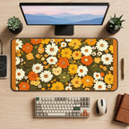 Orange and Cream Retro Daisies desk mat — product mockup 2
