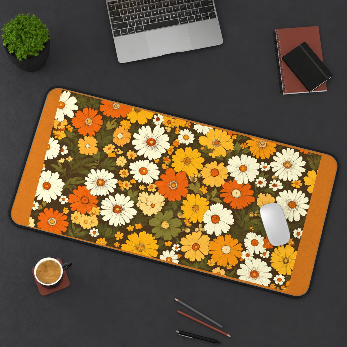 Orange and Cream Retro Daisies desk mat — product mockup 3