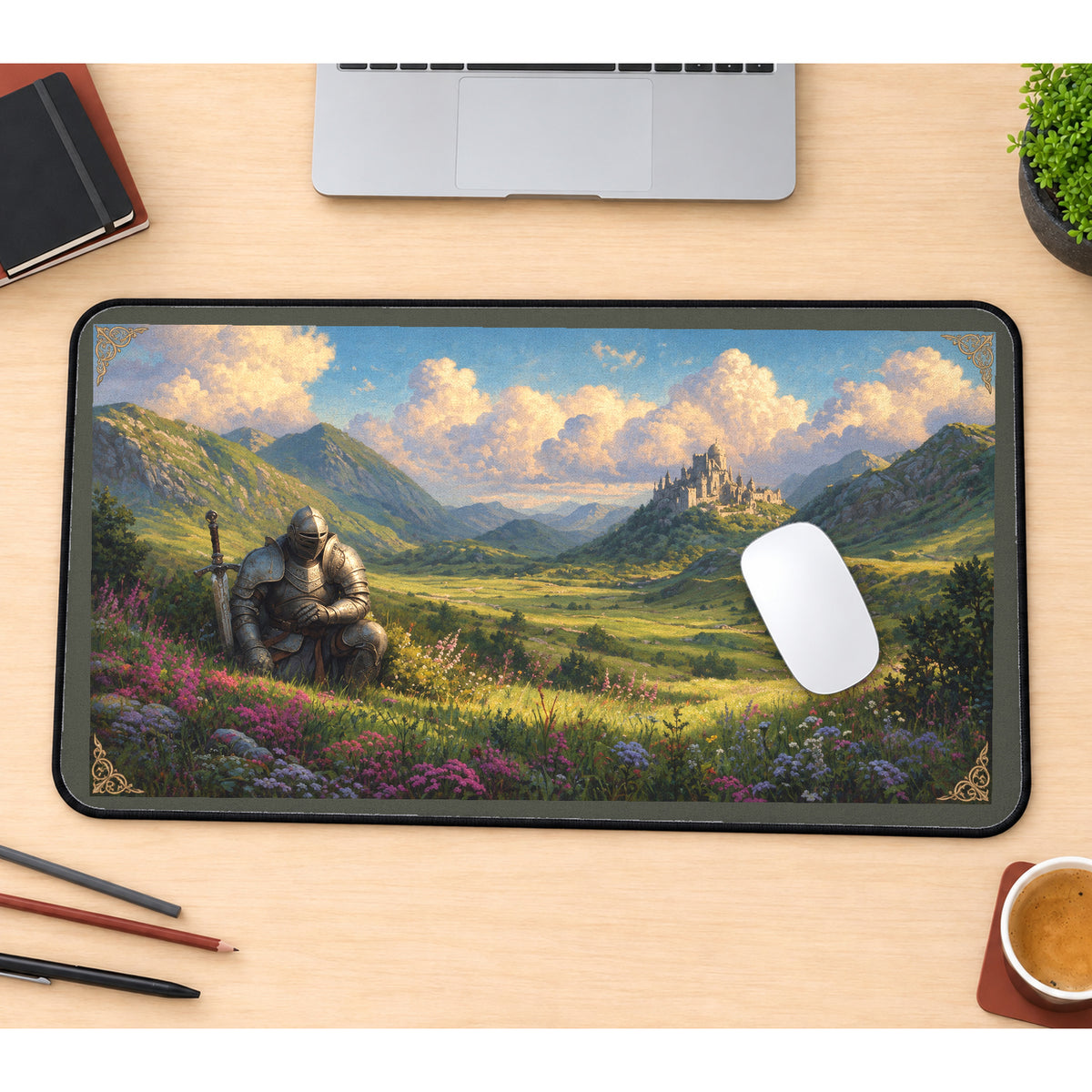 Resting Knight Highland Meadow desk mat — product mockup 1